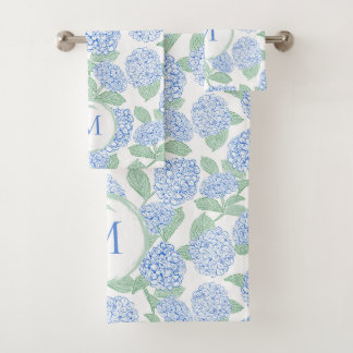 Blue and Green Hydrangea Floral Pattern Monogram Bath Towel Set