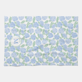 Blue and Green Hydrangea Floral Pattern Monogram Tea Towel