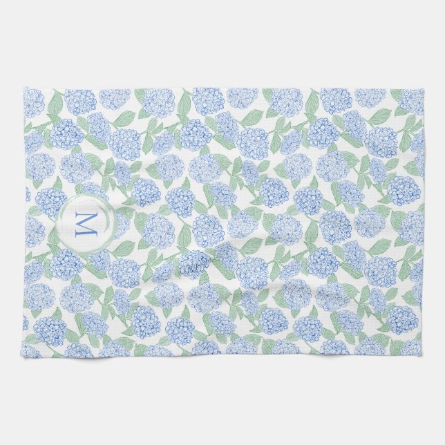 Blue and Green Hydrangea Floral Pattern Monogram Tea Towel (Horizontal)
