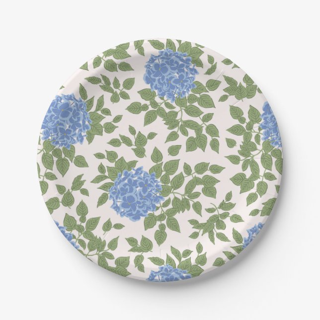 Blue and Green Hydrangea Florals Paper Plate (Front)