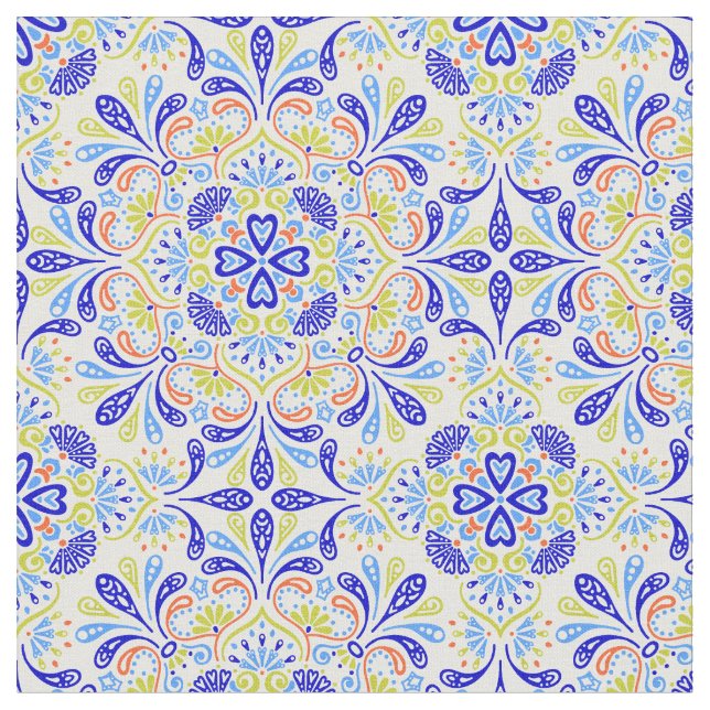 Blue and green kaleidoscope pattern fabric (Close Up)