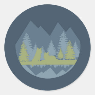 Blue and Green Landscape With Wolves and Mountains Classic Round Sticker