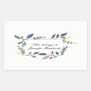 Blue and Green Leaf Decorated Bookplate Rectangular Sticker