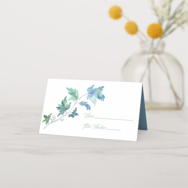 Blue and Green Leaf Stem Name Place Card (Front)