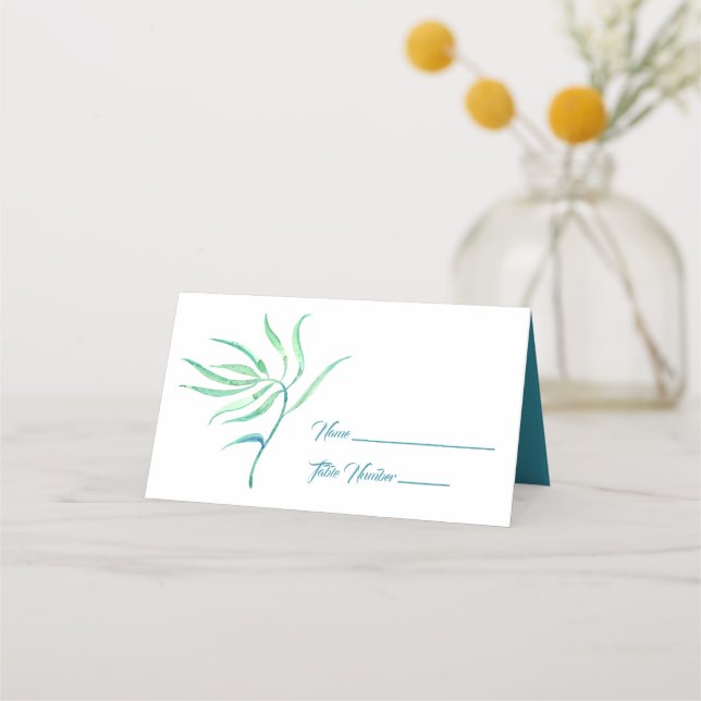 Blue and Green Leaf Stem Name Place Card (Front)