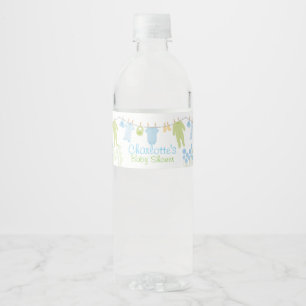 Blue and Green Little Clothes Baby Shower Water Bottle Label