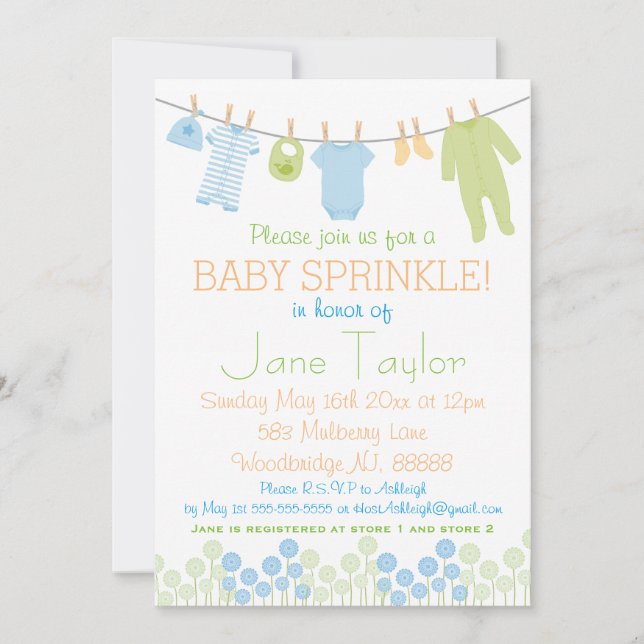 Blue and Green Little Clothes Baby Sprinkle Invitation (Front)