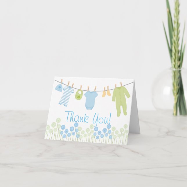 Blue and Green Little Clothes Baby Sprinkle Thank You Card (Front)