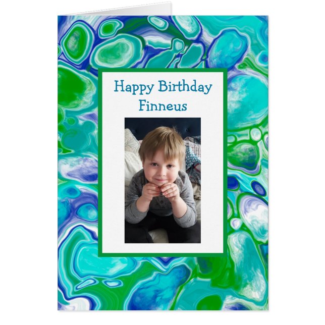 Blue and Green Marble Art Birthday Photo (Front)