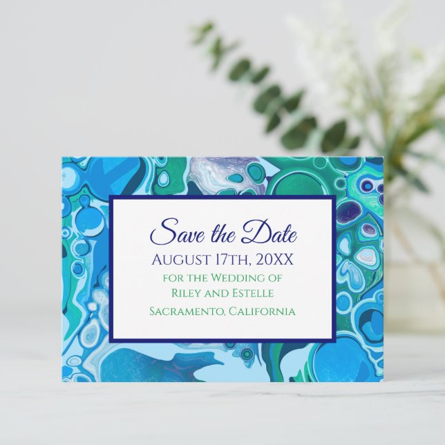 Blue and Green Marble Art Wedding Save the Date RSVP Card (Standing Front)