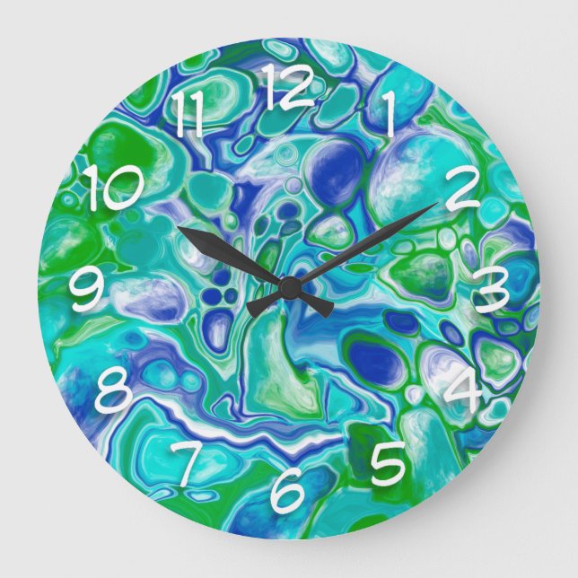 Blue and Green Marble Fluid Art Abstract  Large Clock (Front)