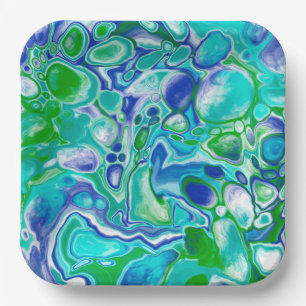 Blue and Green Marble Fluid Art Abstract    Paper Plate