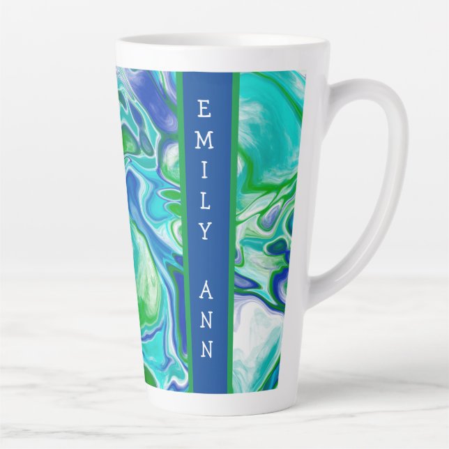 Blue and Green Marble Fluid Art Personalised   Latte Mug (Right)