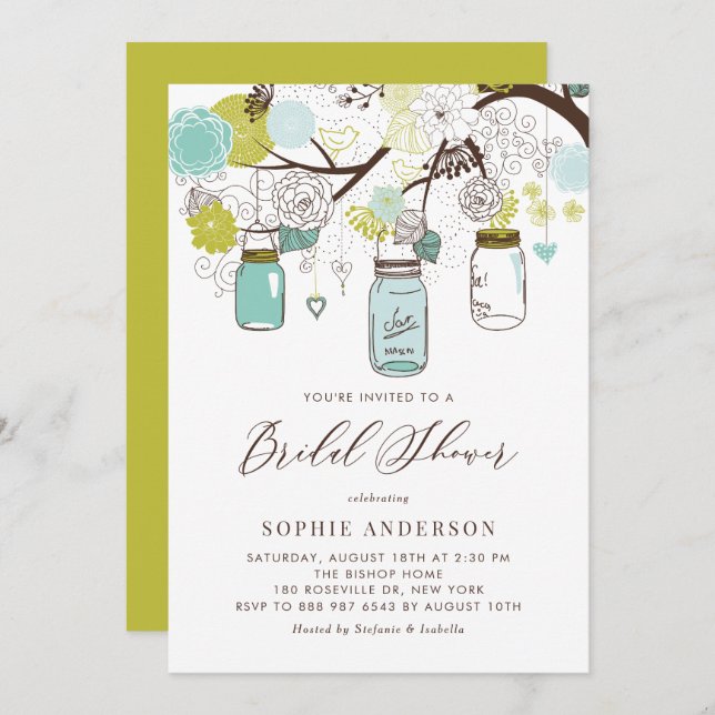 Blue and Green Mason Jars Bridal Shower Invitation (Front/Back)