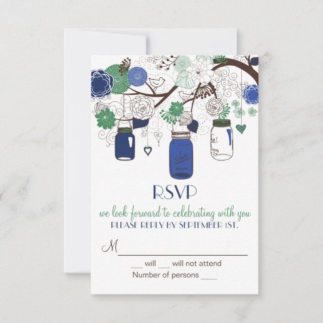 Blue and Green Mason Jars RSVP Wedding Invitation (Front)