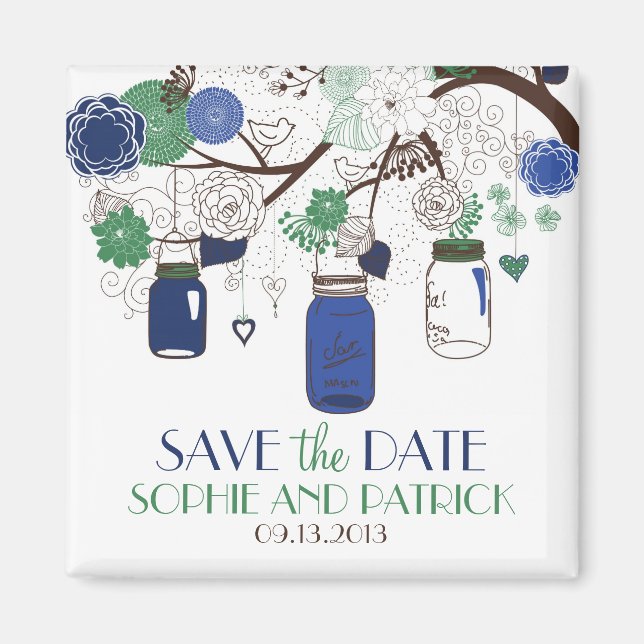 Blue and Green Mason Jars Save the Date Magnet (Front)
