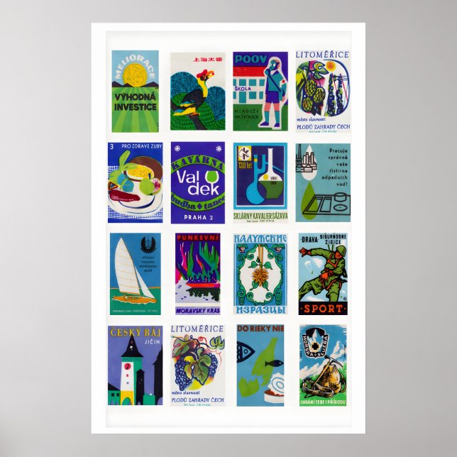 Blue and Green Matchbox Label Collage, colour stud Poster (Front)