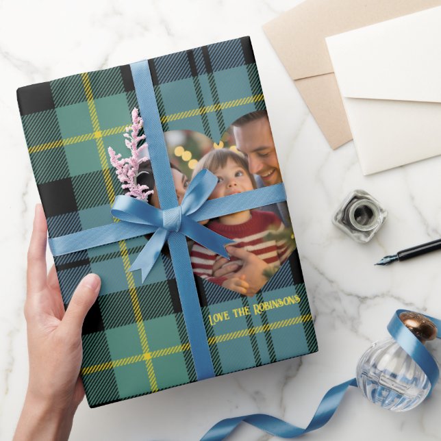 Blue and Green Modern Tartan Photo Christmas Wrapping Paper (Gifting)