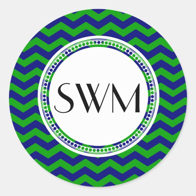 Blue and Green Monogram Chevron Personalised Classic Round Sticker (Front)
