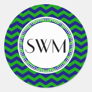 Blue and Green Monogram Chevron Personalised Classic Round Sticker