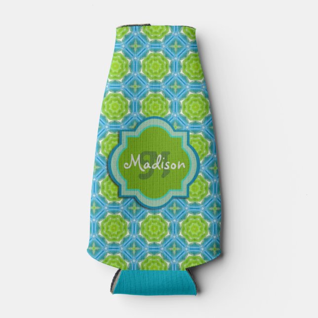 Blue and Green Monogram Mandala Pattern Bottle Cooler (Front)