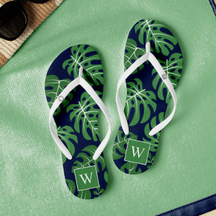 Blue and Green Monogrammed Monstera Leaves Thongs