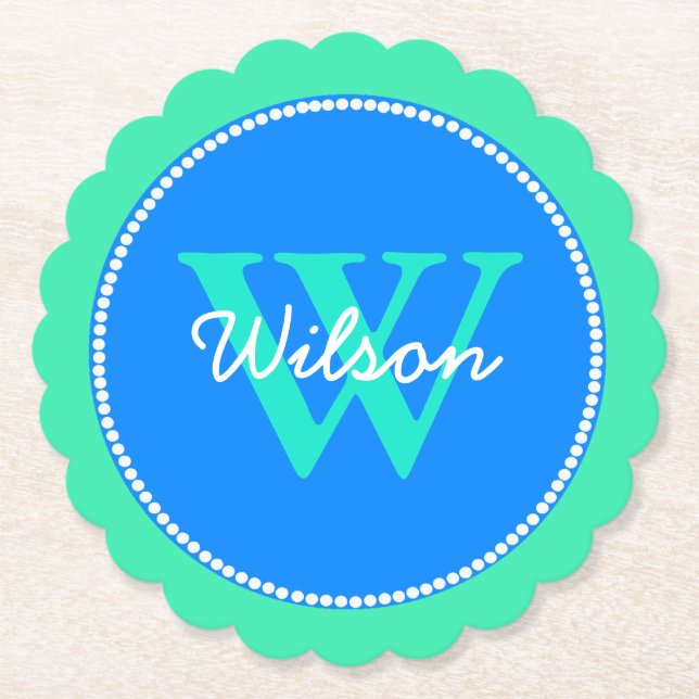Blue and Green Monogrammed Paper Coasters (Front)