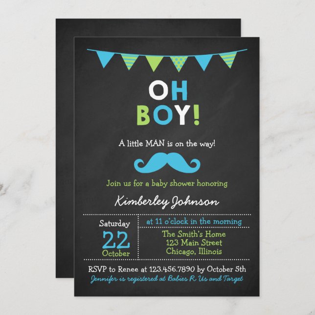 Blue and Green Moustache Baby Shower Invitation (Front/Back)