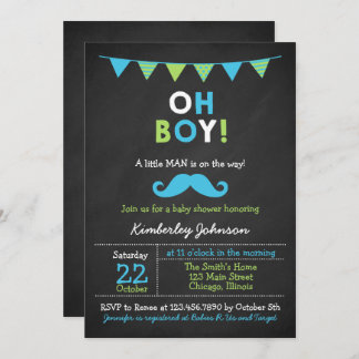 Blue and Green Moustache Baby Shower Invitation