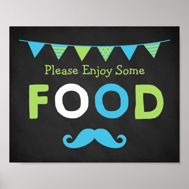 Blue and Green Moustache Chalkboard Food Sign (Front)