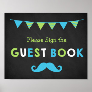 Blue and Green Moustache Chalkboard Guest Book