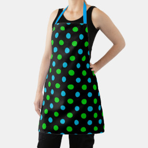 Blue and Green On Black Polka Dots Pattern  Apron