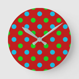 Blue and Green On Red Polka Dots Pattern Round Clock