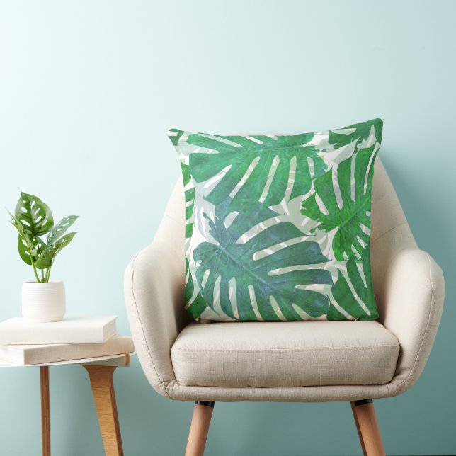 Blue and green palm tropical leaves cushion (Chair)