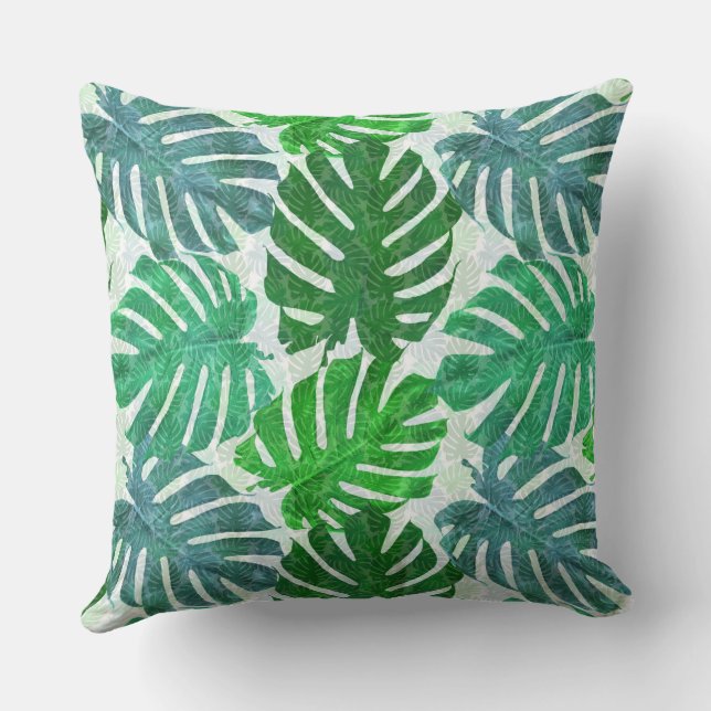 Blue and green palm tropical leaves cushion (Back)