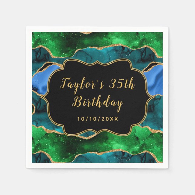 Blue and Green Peacock Agate Birthday Napkin (Front)