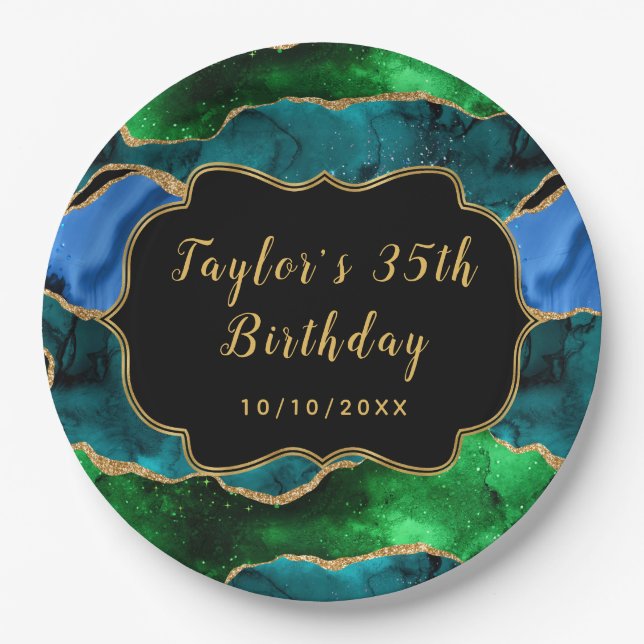 Blue and Green Peacock Agate Birthday Paper Plate (Front)