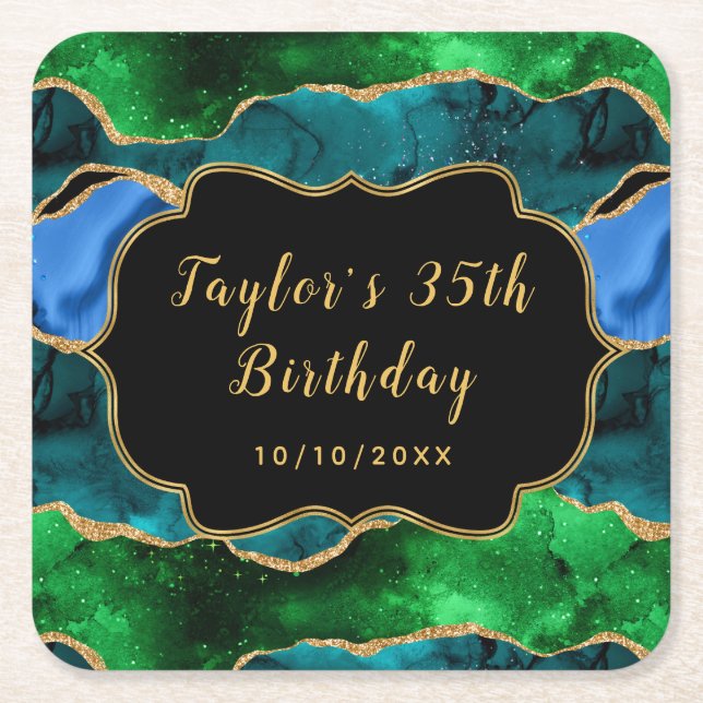 Blue and Green Peacock Agate Birthday Square Paper Coaster (Front)