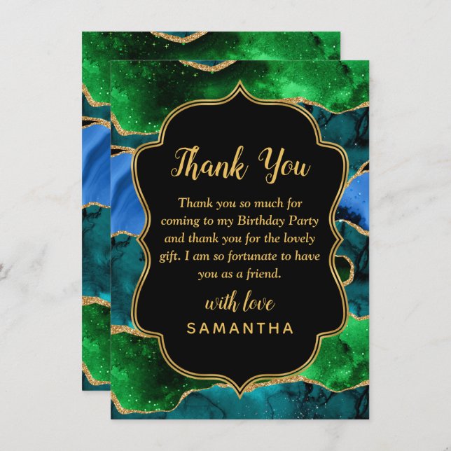 Blue and Green Peacock Agate Birthday Thank You Card (Front/Back)