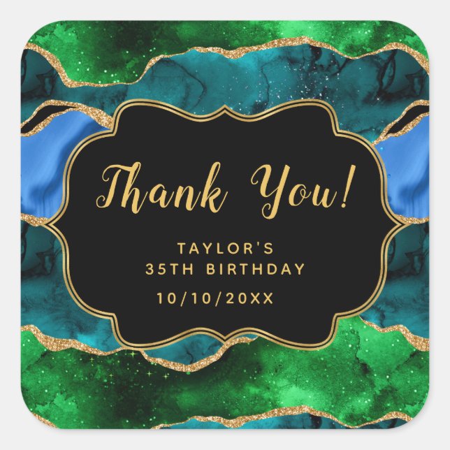 Blue and Green Peacock Agate Birthday Thank You Square Sticker (Front)