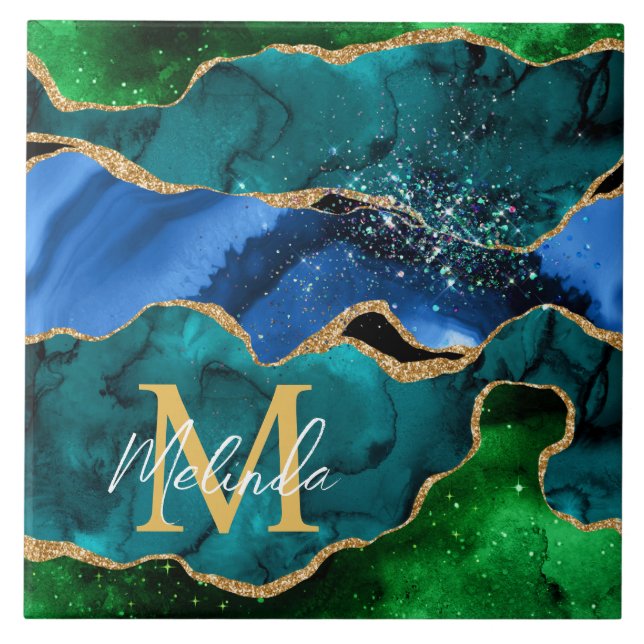 Blue and Green Peacock Faux Glitter Agate Ceramic Tile (Front)