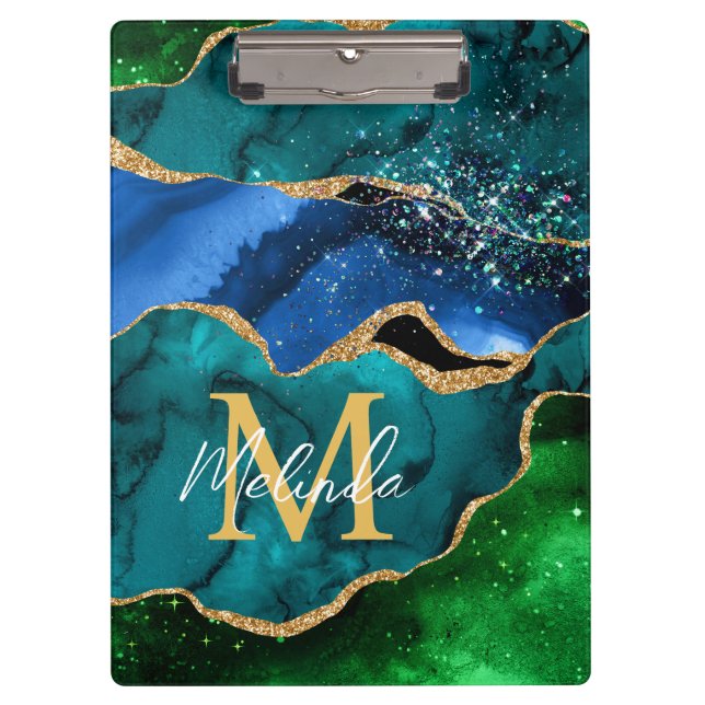 Blue and Green Peacock Faux Glitter Agate Clipboard (Front)