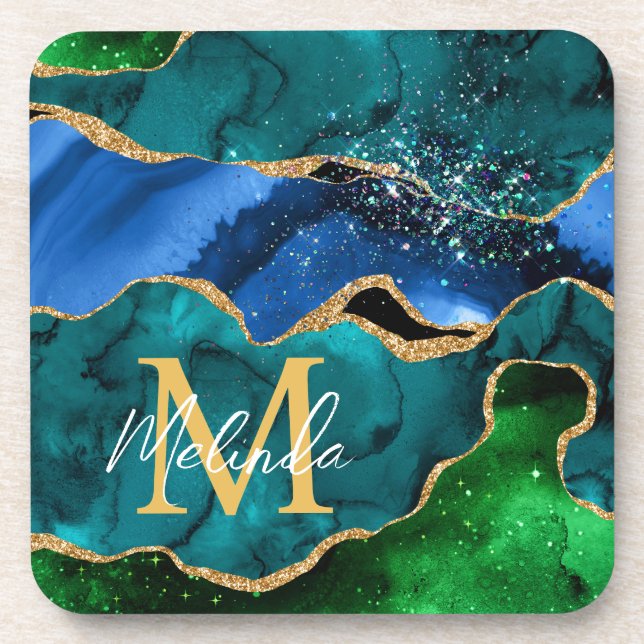 Blue and Green Peacock Faux Glitter Agate Coaster (Front)