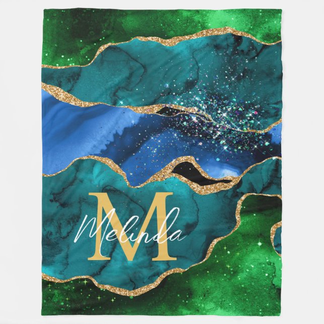 Blue and Green Peacock Faux Glitter Agate Fleece Blanket (Front)