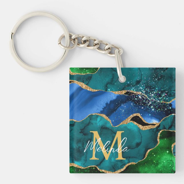 Blue and Green Peacock Faux Glitter Agate Key Ring (Front)
