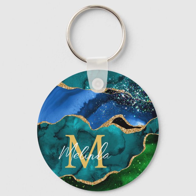Blue and Green Peacock Faux Glitter Agate Key Ring (Front)