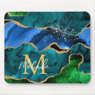 Blue and Green Peacock Faux Glitter Agate Mouse Pad