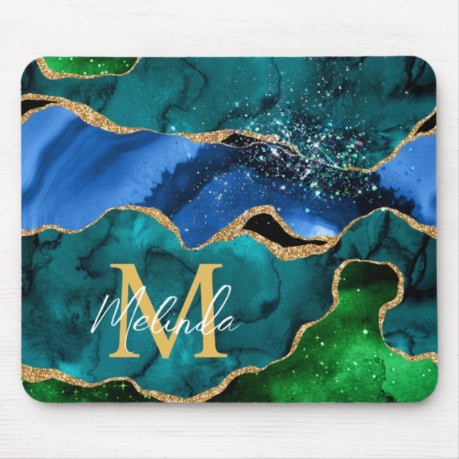 Blue and Green Peacock Faux Glitter Agate Mouse Pad (Front)