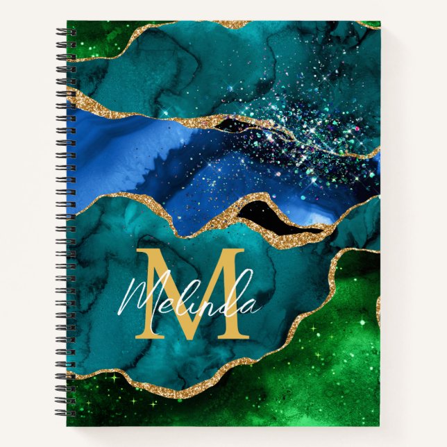 Blue and Green Peacock Faux Glitter Agate Notebook (Front)