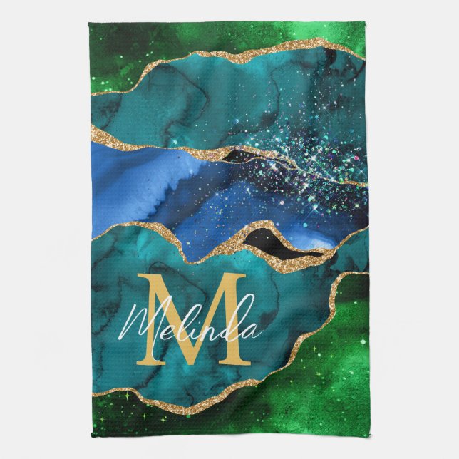 Blue and Green Peacock Faux Glitter Agate Tea Towel (Vertical)
